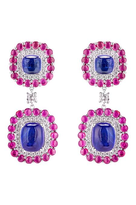 Shop Mirelle Red Crystals Naomi Ruby And Tanzanite Embellished Danglers at Aza Fashions Shop_Mirelle_Red Crystals Naomi Ruby And Tanzanite Embellished Danglers_at_Aza_Fashions