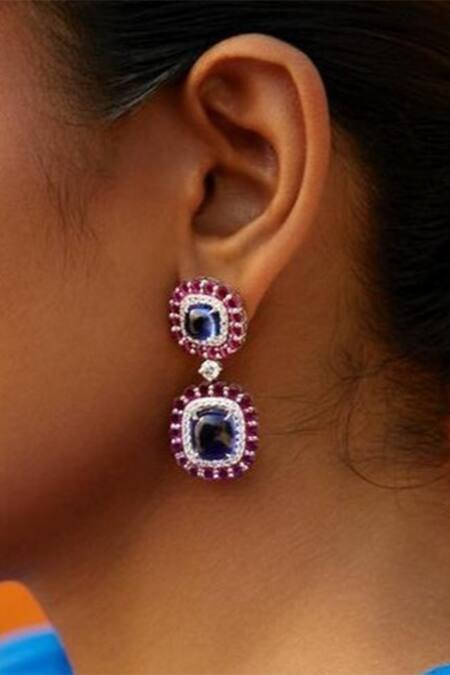 Mirelle Red Crystals Naomi Ruby And Tanzanite Embellished Danglers Online at Aza Fashions Mirelle_Red Crystals Naomi Ruby And Tanzanite Embellished Danglers_Online_at_Aza_Fashions