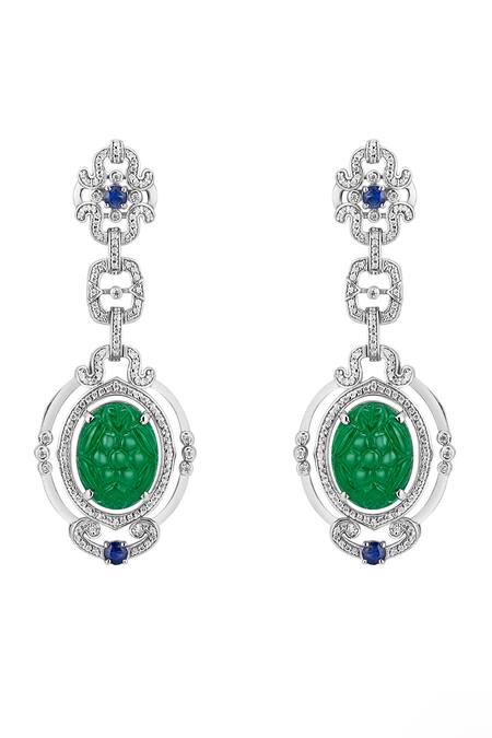 Shop_Mirelle_Green Crystals Harper Floral Carved Danglers _at_Aza_Fashions