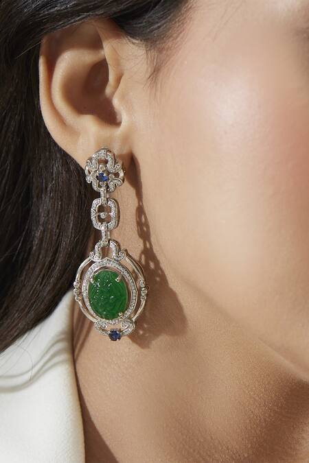 Mirelle_Green Crystals Harper Floral Carved Danglers _Online_at_Aza_Fashions