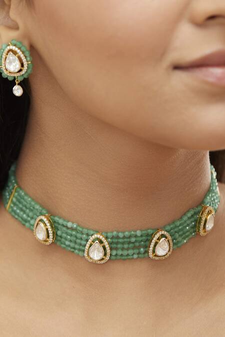 Shop_Mirelle_Green Diamonds, Beads Prisha Polki Choker Set_at_Aza_Fashions