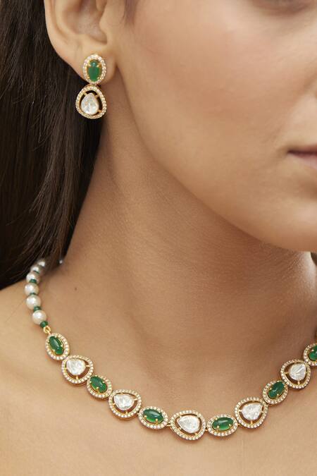 Shop Mirelle Green Pearls, Beads, Diamonds Sanjh Polki Stone Necklace Set at Aza Fashions Shop_Mirelle_Green Pearls, Beads, Diamonds Sanjh Polki Stone Necklace Set_at_Aza_Fashions
