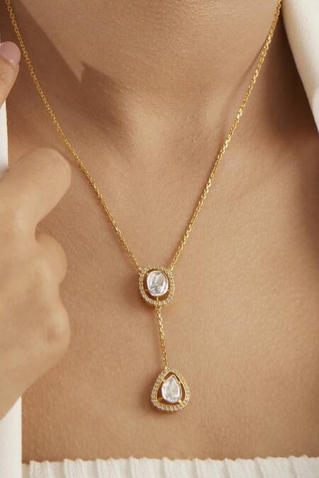 Mirelle Gold Plated Hazel Polki Dangling Pendant Necklace Online at Aza Fashions Mirelle_Gold Plated Hazel Polki Dangling Pendant Necklace_Online_at_Aza_Fashions