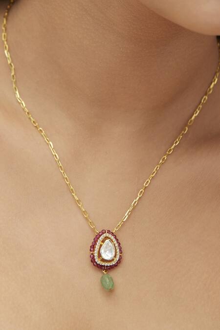 Mirelle_Red Beads, Diamonds Yesha Drop Polki Pendant Necklace Set_Online_at_Aza_Fashions