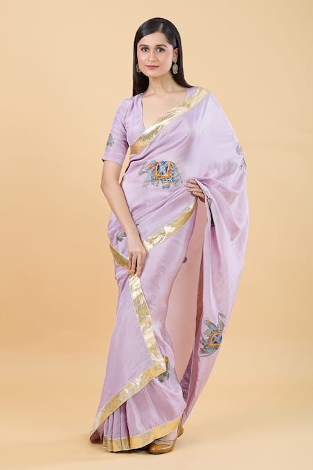 Samyukta Singhania_Purple Tissue Beads, Lace Plunge Neck Elephant Handpainted Saree With Blouse _at_Aza_Fashions