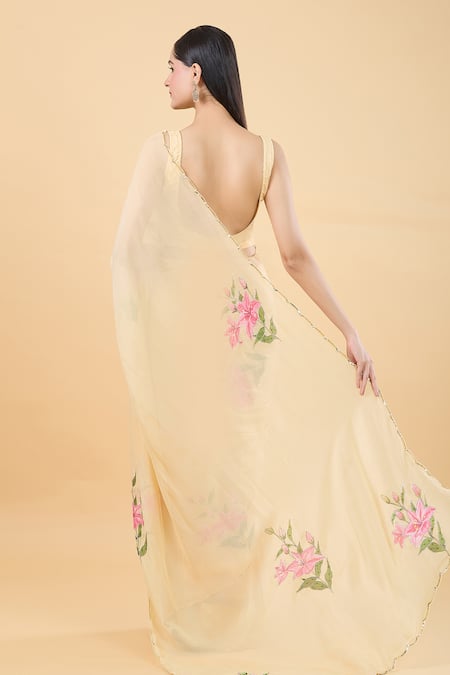 Shop_Samyukta Singhania_Yellow Organza Beads, Sequins Asymmetric Lily Handpainted Saree With Blouse _at_Aza_Fashions