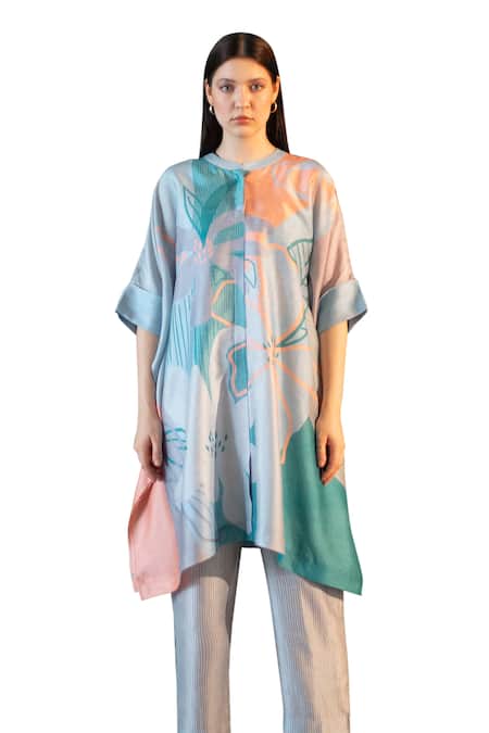Clos_Blue Silk, Cotton Bandeau Neck Asymmetric Print Kurta With Pant _Online_at_Aza_Fashions