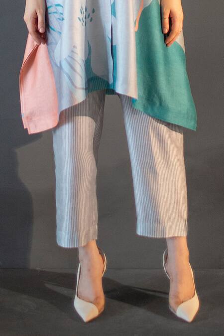 Buy_Clos_Blue Silk, Cotton Bandeau Neck Asymmetric Print Kurta With Pant _Online_at_Aza_Fashions