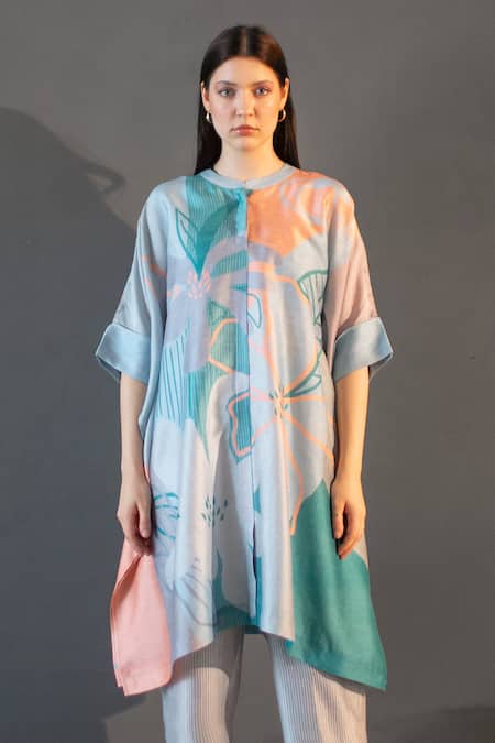 Shop_Clos_Blue Silk, Cotton Bandeau Neck Asymmetric Print Kurta With Pant _Online_at_Aza_Fashions