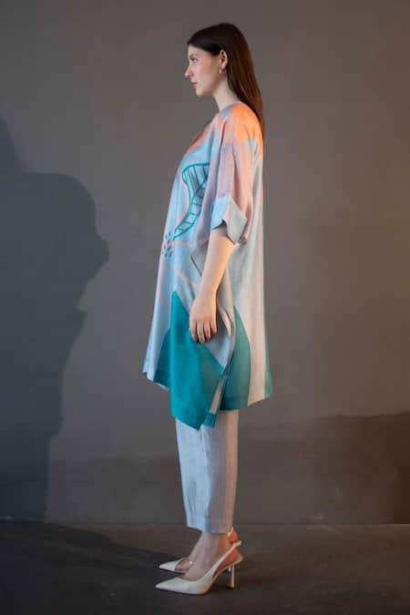 Clos_Blue Silk, Cotton Bandeau Neck Asymmetric Print Kurta With Pant _at_Aza_Fashions