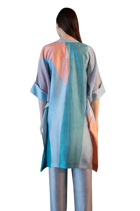 Buy_Clos_Blue Silk, Cotton Bandeau Neck Asymmetric Print Kurta With Pant 
