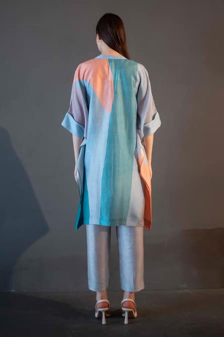 Shop_Clos_Blue Silk, Cotton Bandeau Neck Asymmetric Print Kurta With Pant _at_Aza_Fashions
