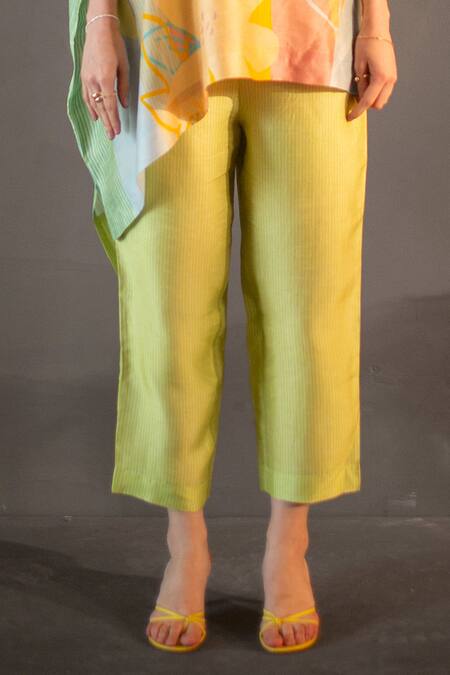Buy_Clos_Yellow Silk Round Neck Asymmetric Print Short Kaftan With Pant _Online_at_Aza_Fashions