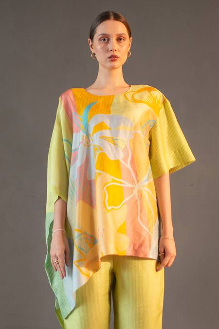 Shop_Clos_Yellow Silk Round Neck Asymmetric Print Short Kaftan With Pant _Online_at_Aza_Fashions