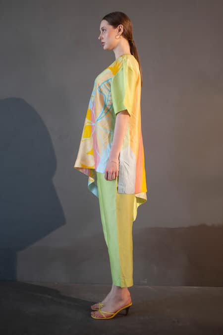 Shop_Clos_Yellow Silk Round Neck Asymmetric Print Short Kaftan With Pant _at_Aza_Fashions