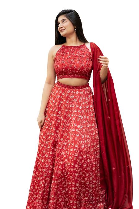 Buy_Essay By Sumedha Agrawal_Red Organza, Satin Mirrors, Beads Halter Neck Floral Print Lehenga Set _Online_at_Aza_Fashions