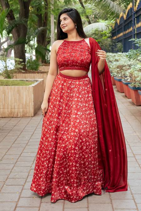 Shop_Essay By Sumedha Agrawal_Red Organza, Satin Mirrors, Beads Halter Neck Floral Print Lehenga Set _Online_at_Aza_Fashions