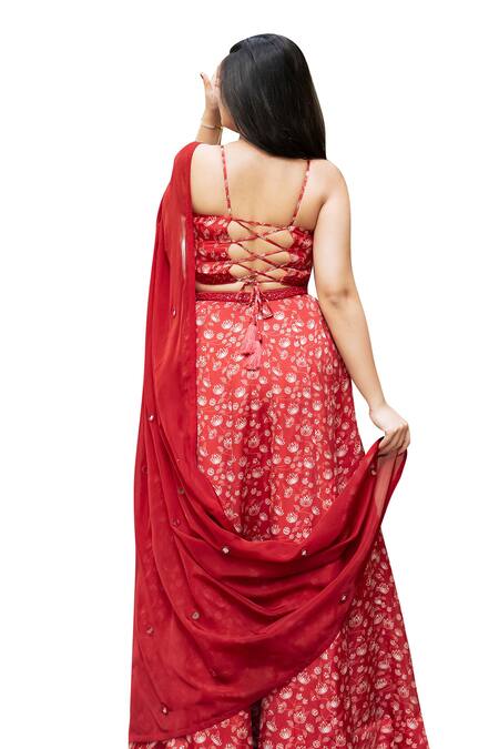Buy_Essay By Sumedha Agrawal_Red Organza, Satin Mirrors, Beads Halter Neck Floral Print Lehenga Set 