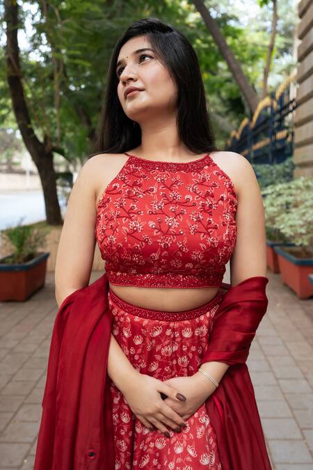 Shop_Essay By Sumedha Agrawal_Red Organza, Satin Mirrors, Beads Halter Neck Floral Print Lehenga Set 