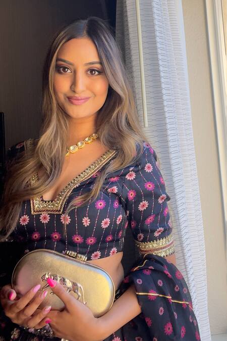 Buy_Seeaash_Black Lehenga  Silk Printed Floral Glass Neck Nazreen Set