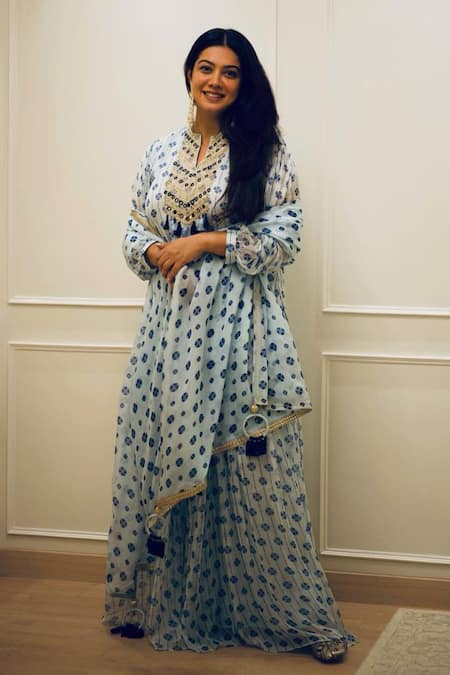 Seeaash Blue Chiffon Printed Floral Notched Nazreen Short Kurta Sharara Set 