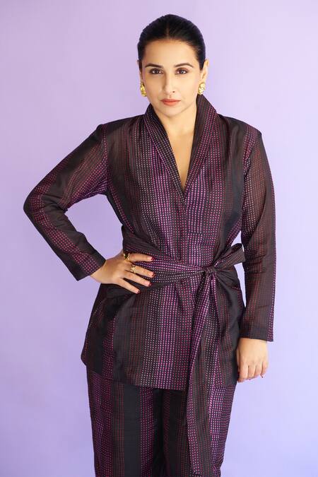 Seeaash_Black Dupion Silk Printed Dotted Stripes Shawl Lapel Safar Blazer And Pant Set_at_Aza_Fashions