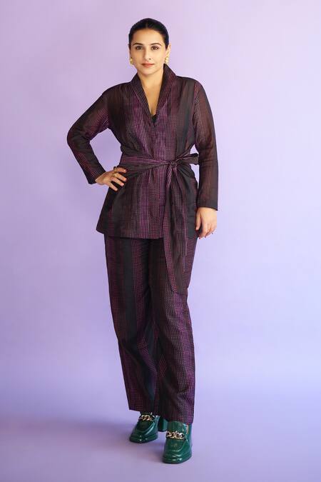 Buy_Seeaash_Black Dupion Silk Printed Dotted Stripes Shawl Lapel Safar Blazer And Pant Set