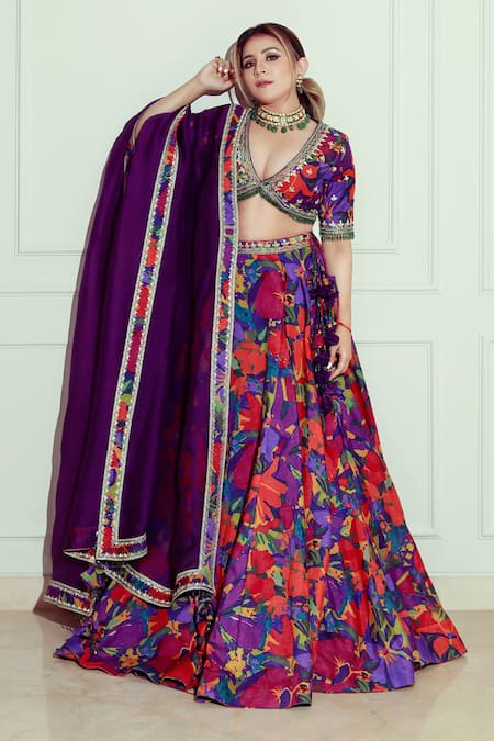 Seeaash Purple Chanderi Printed Rang Plunge V Neck Lehenga Set 