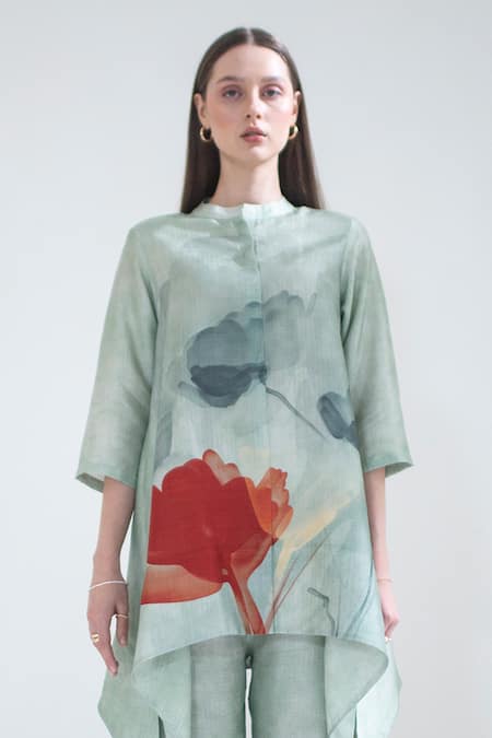 Shop Clos Green Silk Bandeau Neck Geometric Print Short Kaftan With Pant Online at Aza Fashions Shop_Clos_Green Silk Bandeau Neck Geometric Print Short Kaftan With Pant _Online_at_Aza_Fashions