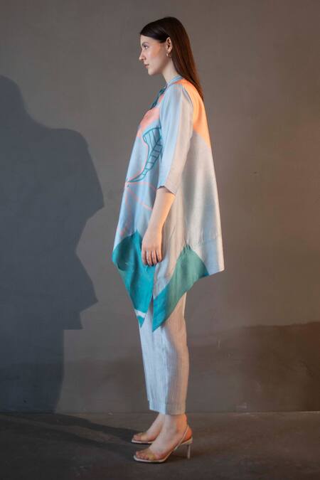 Clos_Blue Silk Bandeau Neck Abstract Print Short Kaftan With Pant _Online_at_Aza_Fashions