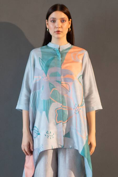 Shop_Clos_Blue Silk Bandeau Neck Abstract Print Short Kaftan With Pant _Online_at_Aza_Fashions
