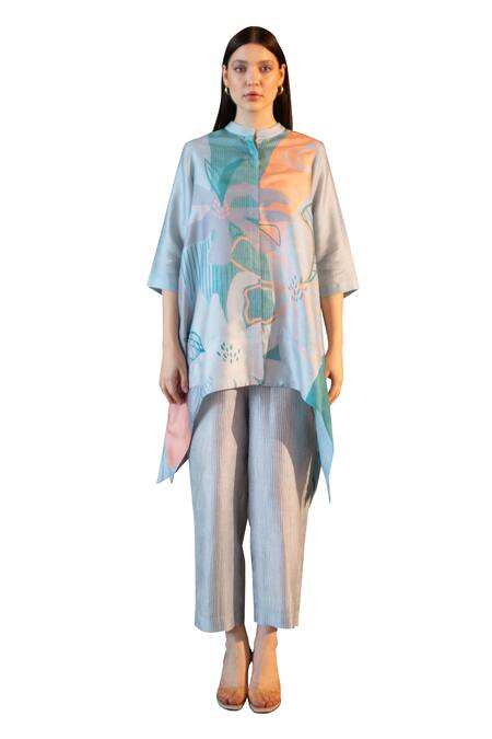 Buy_Clos_Blue Silk Bandeau Neck Abstract Print Short Kaftan With Pant _Online_at_Aza_Fashions