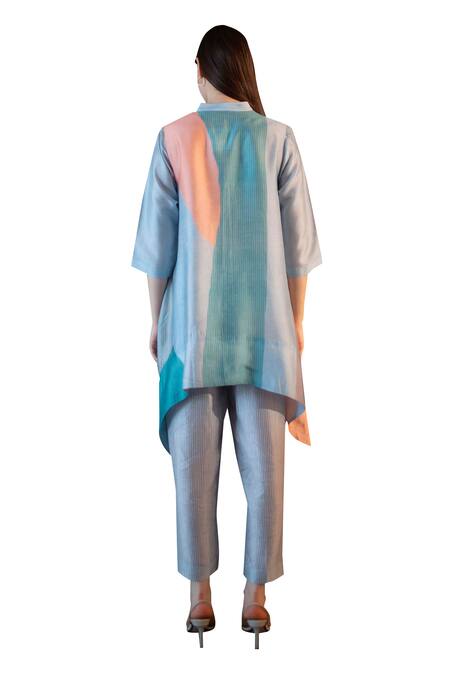 Clos_Blue Silk Bandeau Neck Abstract Print Short Kaftan With Pant _at_Aza_Fashions