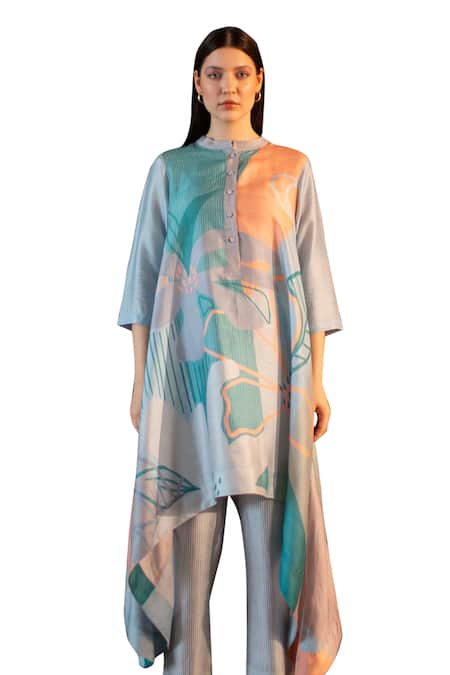 Clos Blue Silk Bandeau Neck Abstract Floral Print Long Kaftan With Pant Online at Aza Fashions Clos_Blue Silk Bandeau Neck Abstract Floral Print Long Kaftan With Pant _Online_at_Aza_Fashions