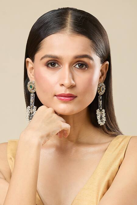 Neeta Boochra Silver Plated Mirrors, Beads, Embroidery Two Toned Twin Peacock Carved Earrings Online at Aza Fashions Neeta Boochra_Silver Plated Mirrors, Beads, Embroidery Two Toned Twin Peacock Carved Earrings_Online_at_Aza_Fashions