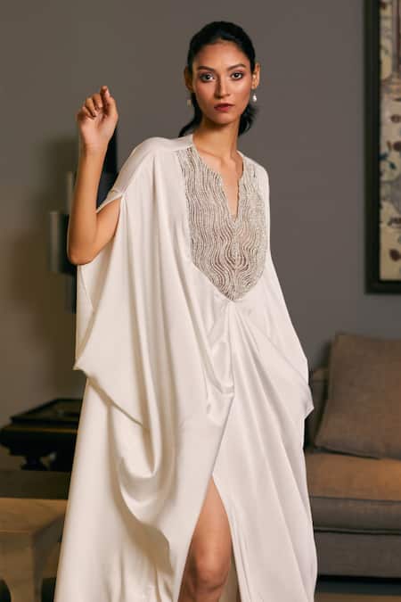 Buy Siddartha Tytler Ivory Lycra, Satin Embroidery Split V-neck Crystal Rope Embellished Kaftan Online at Aza Fashions Buy_Siddartha Tytler_Ivory Lycra, Satin Embroidery Split V-neck Crystal Rope Embellished Kaftan _Online_at_Aza_Fashions