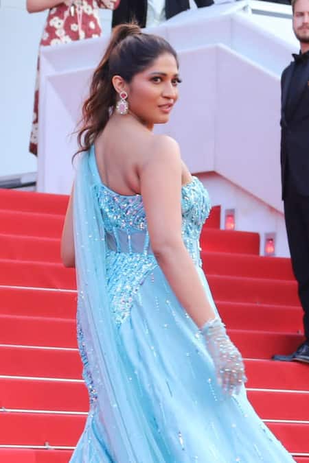 Baya_Blue Net, Satin, Viscose Crystals, Pearls, Feathers, And Embellished Gown Set _at_Aza_Fashions