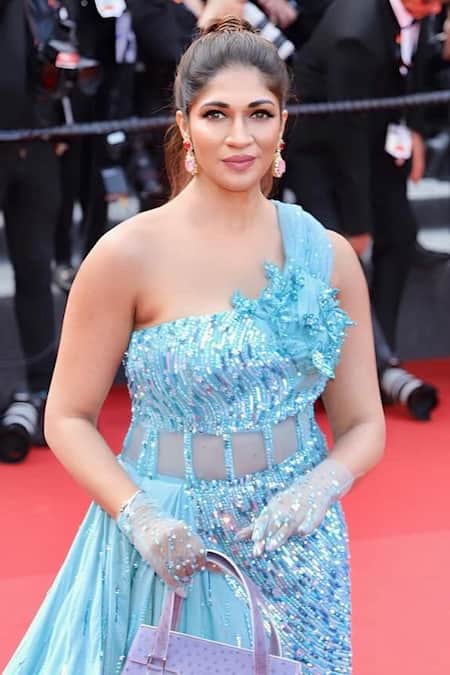 Buy_Baya_Blue Net, Satin, Viscose Crystals, Pearls, Feathers, And Embellished Gown Set 