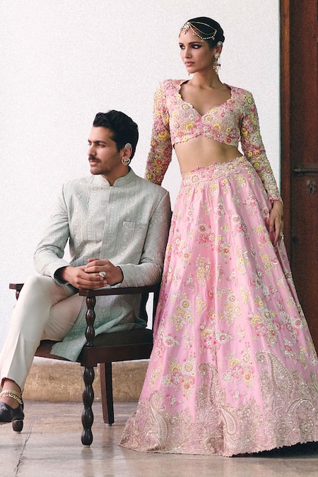 Shop Mrunalini Rao Pink Silk, Organza, Net Pearls, Zari, Muna Gardenia Bridal Lehenga Set at Aza Fashions Shop_Mrunalini Rao_Pink Silk, Organza, Net Pearls, Zari, Muna Gardenia Bridal Lehenga Set _at_Aza_Fashions