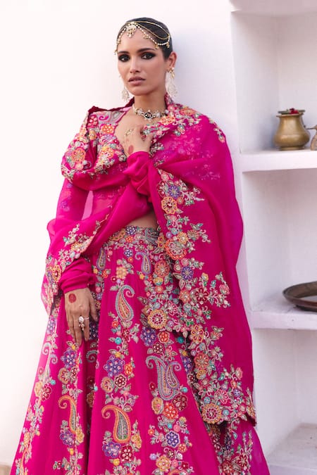 Shop_Mrunalini Rao_Pink Silk, Organza Zari, Pearls Ayoni Paisley Gul Embroidered Bridal Lehenga Set _at_Aza_Fashions