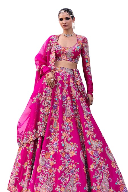 Mrunalini Rao_Pink Silk, Organza Zari, Pearls Ayoni Paisley Gul Embroidered Bridal Lehenga Set _Online_at_Aza_Fashions
