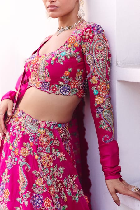 Buy_Mrunalini Rao_Pink Silk, Organza Zari, Pearls Ayoni Paisley Gul Embroidered Bridal Lehenga Set _Online_at_Aza_Fashions