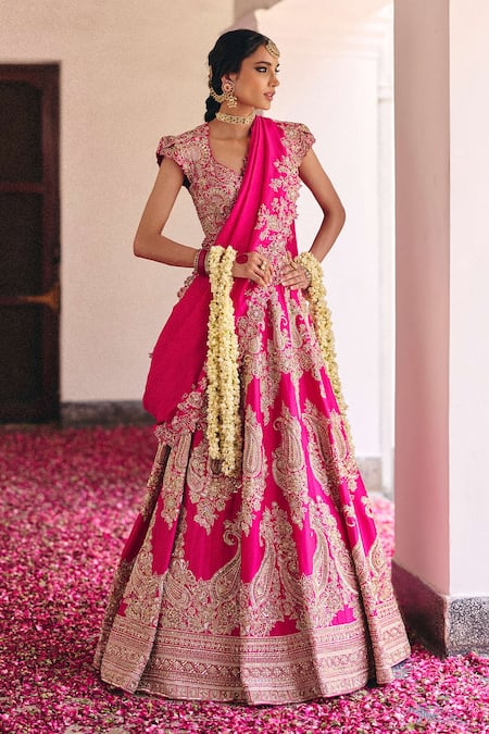 Shop Mrunalini Rao Pink , Satin Zari, Embroidery, Pearls Safar Bahar Bridal Lehenga Set at Aza Fashions Shop_Mrunalini Rao_Pink , Satin Zari, Embroidery, Pearls Safar Bahar Bridal Lehenga Set _at_Aza_Fashions