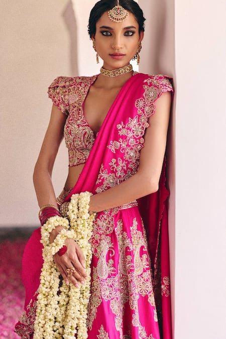 Shop Mrunalini Rao Pink , Satin Zari, Embroidery, Pearls Safar Bahar Bridal Lehenga Set Online at Aza Fashions Shop_Mrunalini Rao_Pink , Satin Zari, Embroidery, Pearls Safar Bahar Bridal Lehenga Set _Online_at_Aza_Fashions