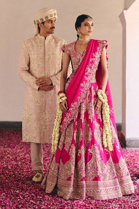 Mrunalini Rao Pink , Satin Zari, Embroidery, Pearls Safar Bahar Bridal Lehenga Set at Aza Fashions Mrunalini Rao_Pink , Satin Zari, Embroidery, Pearls Safar Bahar Bridal Lehenga Set _at_Aza_Fashions