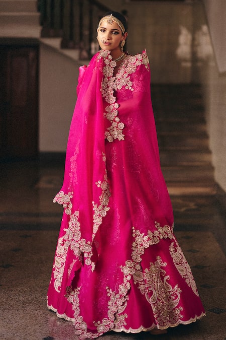 Shop_Mrunalini Rao_Pink Silk, Organza Pearls, Zari Allika Gullista Embroidered Bridal Lehenga Set _at_Aza_Fashions