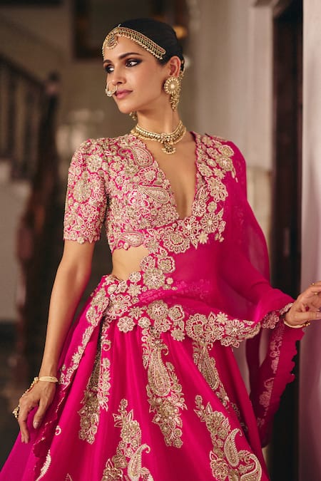Buy_Mrunalini Rao_Pink Silk, Organza Pearls, Zari Allika Gullista Embroidered Bridal Lehenga Set _Online_at_Aza_Fashions