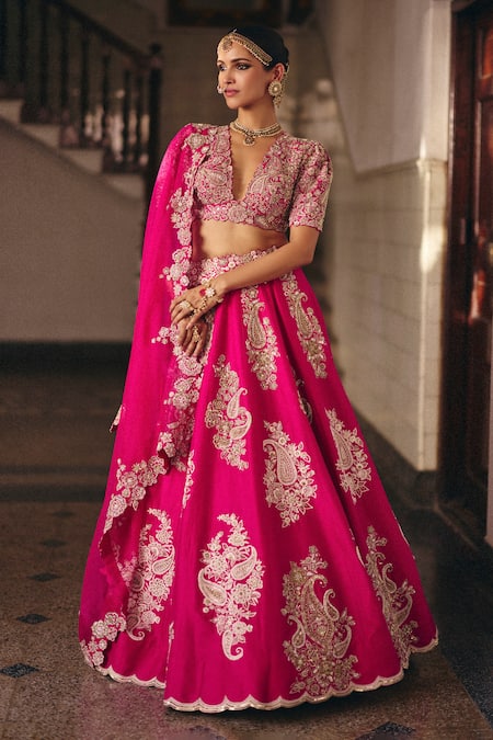 Shop_Mrunalini Rao_Pink Silk, Organza Pearls, Zari Allika Gullista Embroidered Bridal Lehenga Set _Online_at_Aza_Fashions