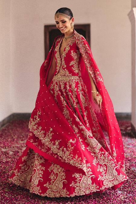 Shop Mrunalini Rao Red Silk, Organza Zari, Pearls, Saahat Jashn Bahar Bridal Lehenga Set Online at Aza Fashions Shop_Mrunalini Rao_Red Silk, Organza Zari, Pearls, Saahat Jashn Bahar Bridal Lehenga Set _Online_at_Aza_Fashions