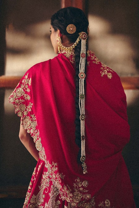 Shop_Mrunalini Rao_Red Silk, Organza Zari, Pearls, Tarangini Paisley Bagh Bridal Lehenga Set _at_Aza_Fashions
